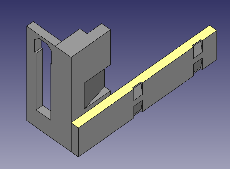 Render of a 3D model in FreeCAD, an L-shaped part with a few chamfers cut out of it