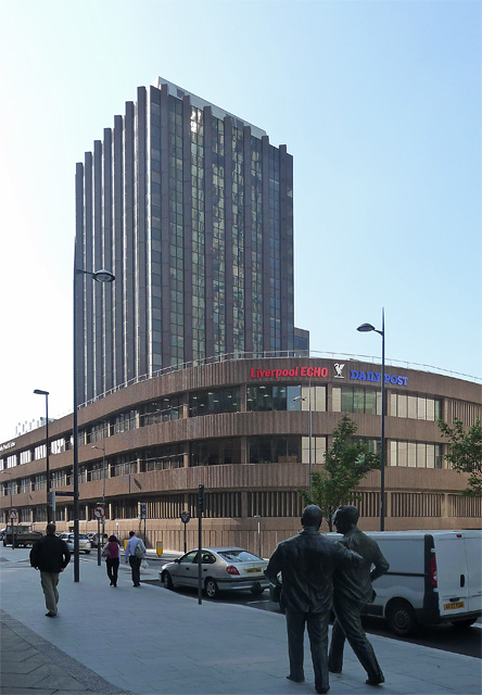 An office building in Liverpool consisting of a square tower and lower three-storey curved facade.  On the top of the lower facade a sign is mounted: the words 'Liverpool Echo' in red, and 'DAILY POST' in blue.  Between them there's a white Liverbird.