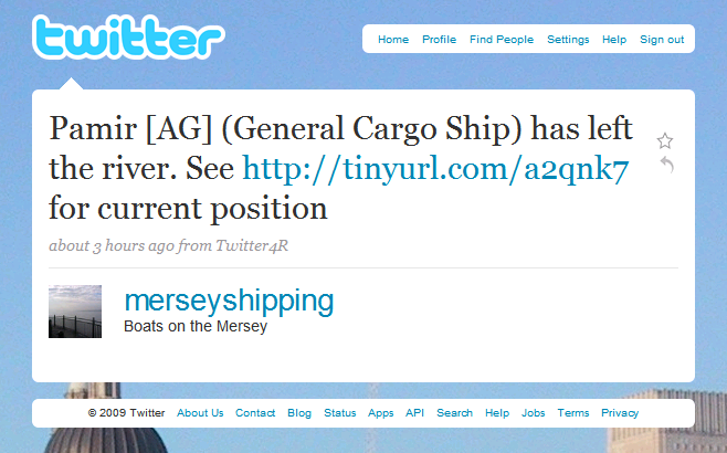 Example of the status updates from the MerseyShipping twitter-bot