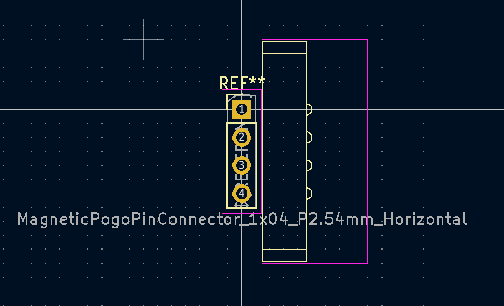 Footprint for a four-pin right-angle magnetic pogo-pin connector, drawn in the footprint editor in Kicad.  It's basically a plan view of the part shown in 3D in the previous post.  A row of through-hole pads for the wires from the connectors to connect to the PCB, with a rectangle-with-four-bumps-on-it drawn on the silkscreen layer to the right of the pads—showing where the connector itself will sit.  There's then a larger rectangle drawn over the connector area on the courtyard layer, to remind you not to place any components in the area where the other half of the connector will sit when you're connecting something to it!
