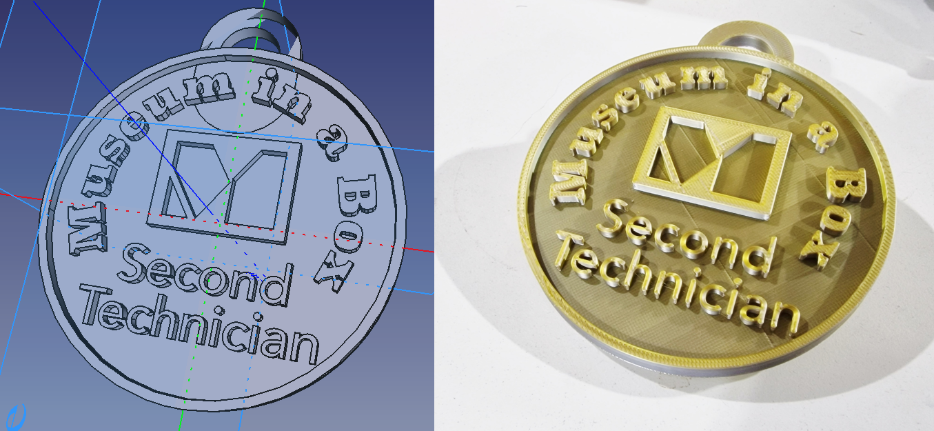On the left of the image is a FreeCad rendering of the badge with the text 'Museum in a box - Second technician' and the Museum in a Box logo. On the right hand side is a 3d print of the design in gold filament.