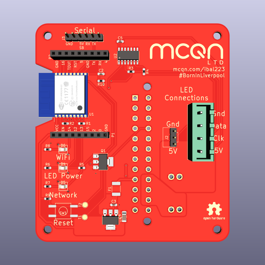 Rendering of the front of the PCB, from the Kicad design software