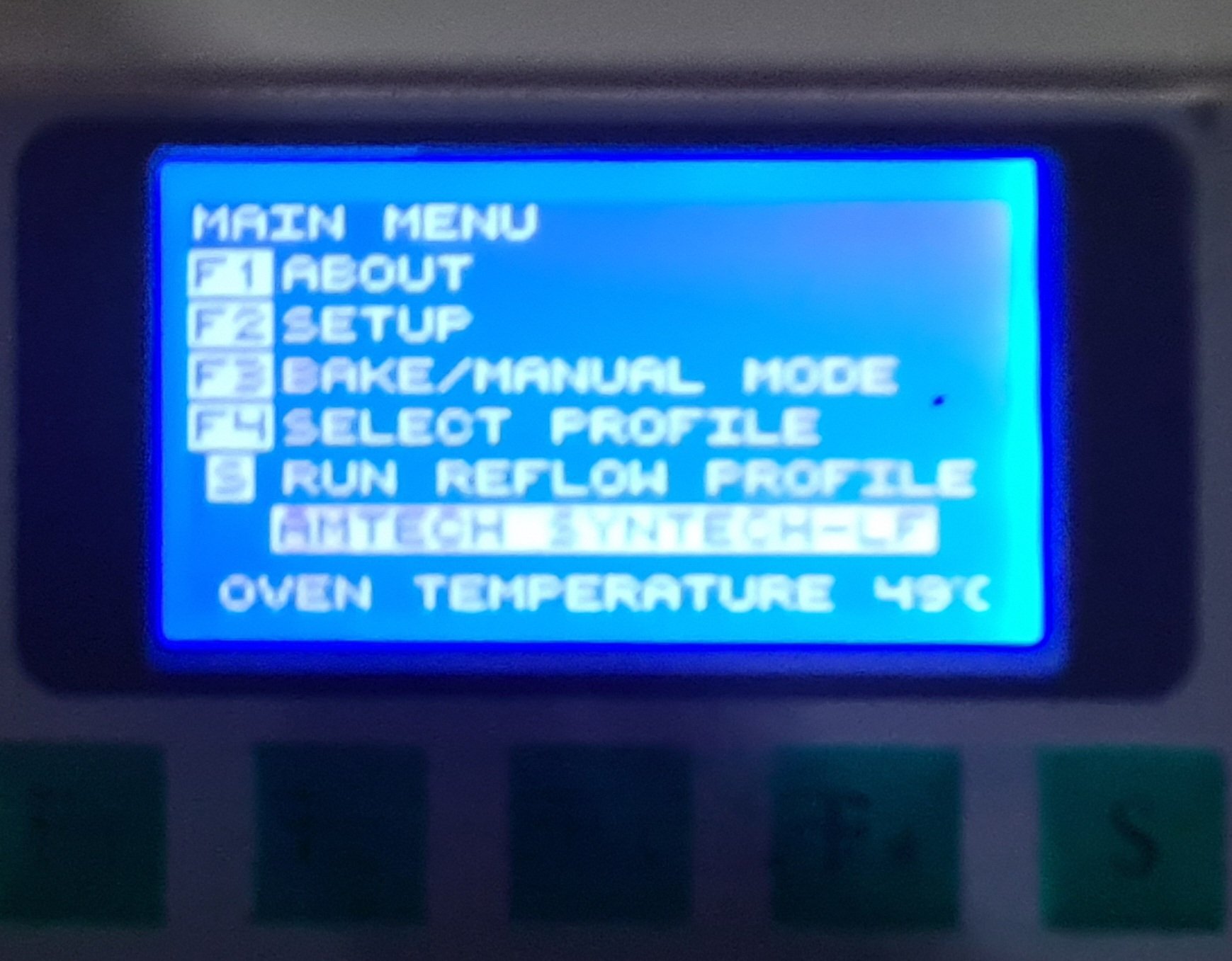 Blue instrument control panel screen for reflow oven.