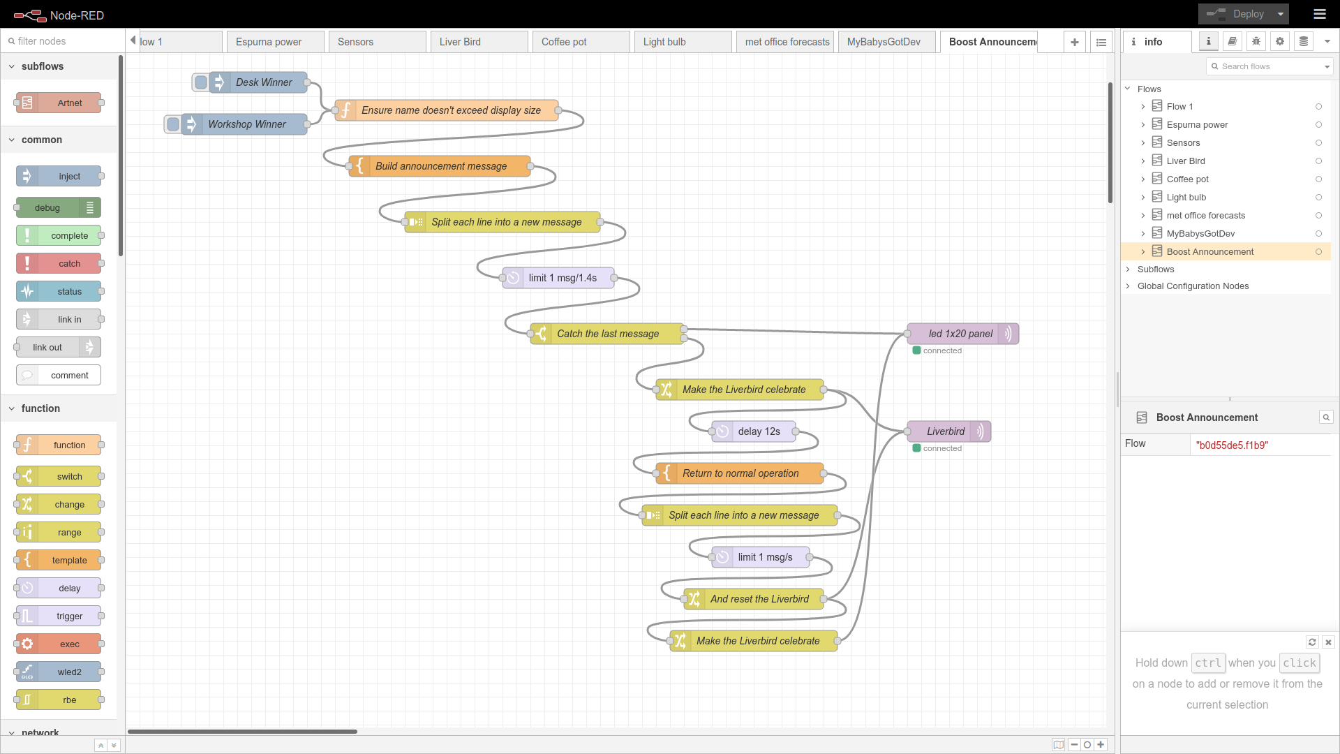 Screenshot of a Node RED programming flow, allowing a button-press to trigger a sequence of messages to a dot-matrix display announcing a new Boost member, with the Liver Bird switchign to a colourful rainbow display timed to match the announcement of the winners name