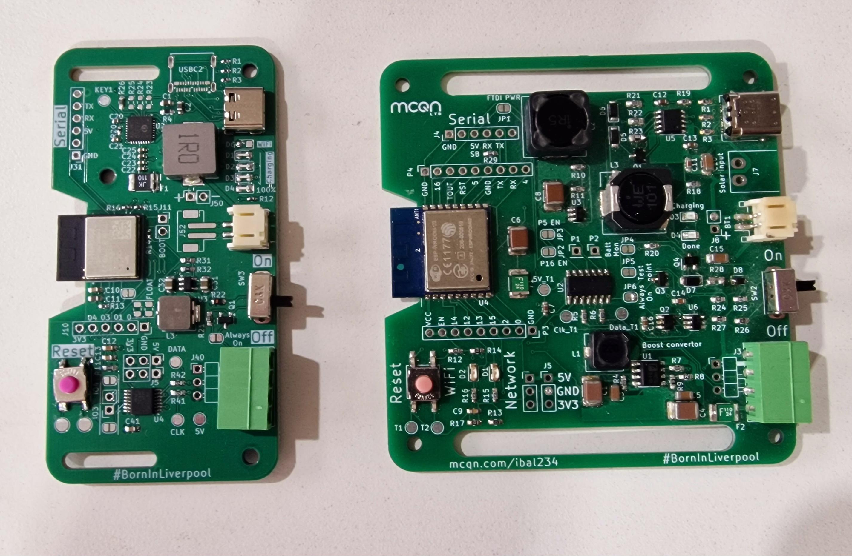 Two green PCBs.  Both have ESP modules on the left-hand side and a switch and sockets on the right.  The most important thing to note is that the newer board, on the left, is a beautiful thing