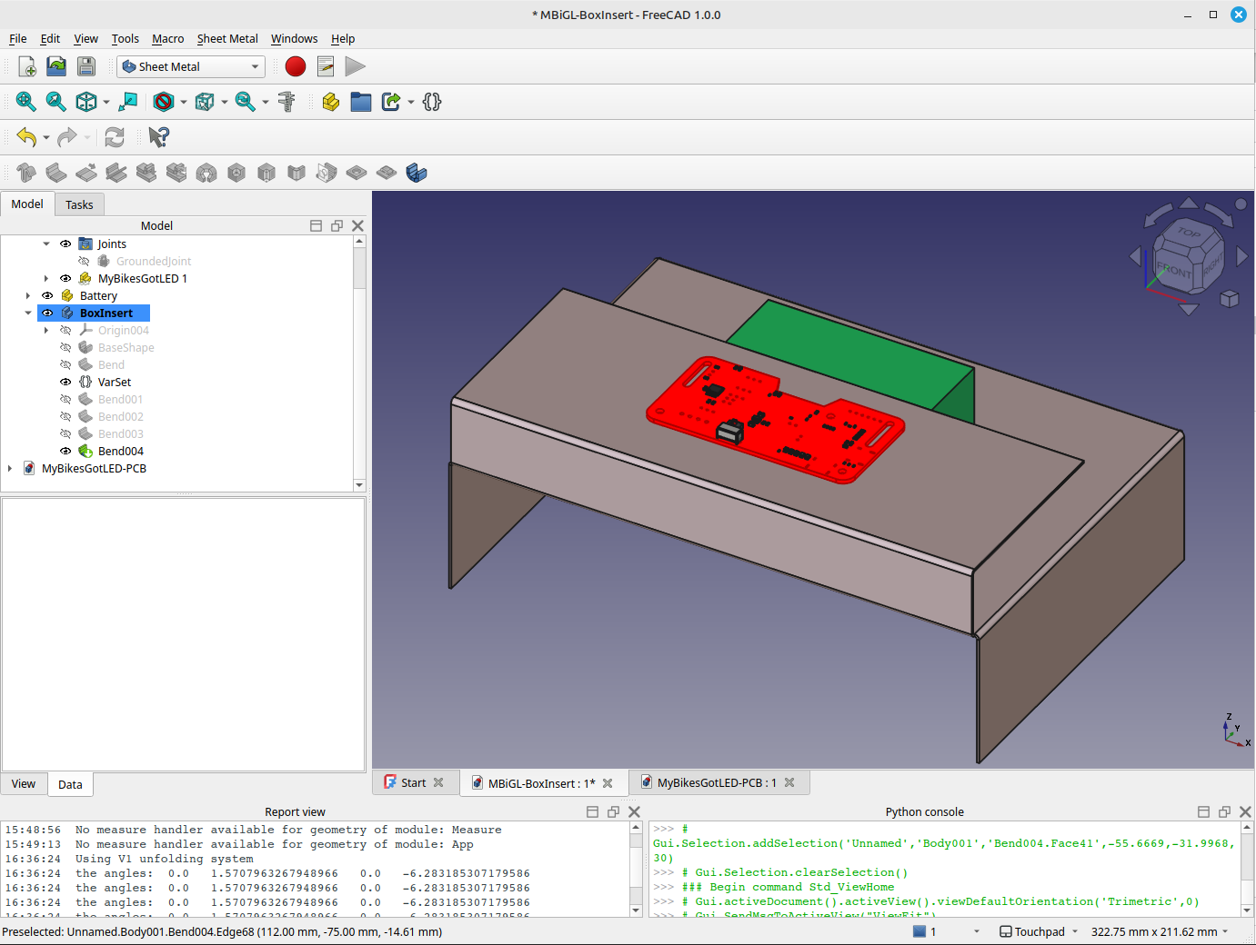 A screenshot from Freecad showing the Sheet Metal workbench being used to create the design for packaging for My Bikes got LED. The design is for a cardboard insert that can accomodate the circuit board, battery and lights.