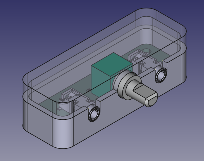 Render of a circuit board inside a rectangular case.  There are two headphone sockets and a potentiometer on the PCB and they're poking through one side of the case.  The case has a top and bottom half, and the top half is shown as transparent so the components inside are visible