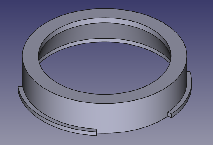 A screenshot of the render from FreeCAD of the lens cap design.  It's basically a short pipe with three flanges coming out of the bottom of it.  It won't work particularly well as a lens *cap* because there's a big hole in the top of it, but that's deliberate.  The ligra design uses the lens cap as a mounting point for the lens and expects you to cut a large hole in the middle of it to let the light through.  Rather than printing a full one and then cutting a hole in it, I'm doing the hole-cutting in software!