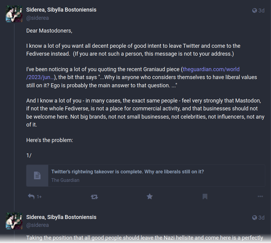 Screenshot of the Mastodon thread from @siderea available via the link