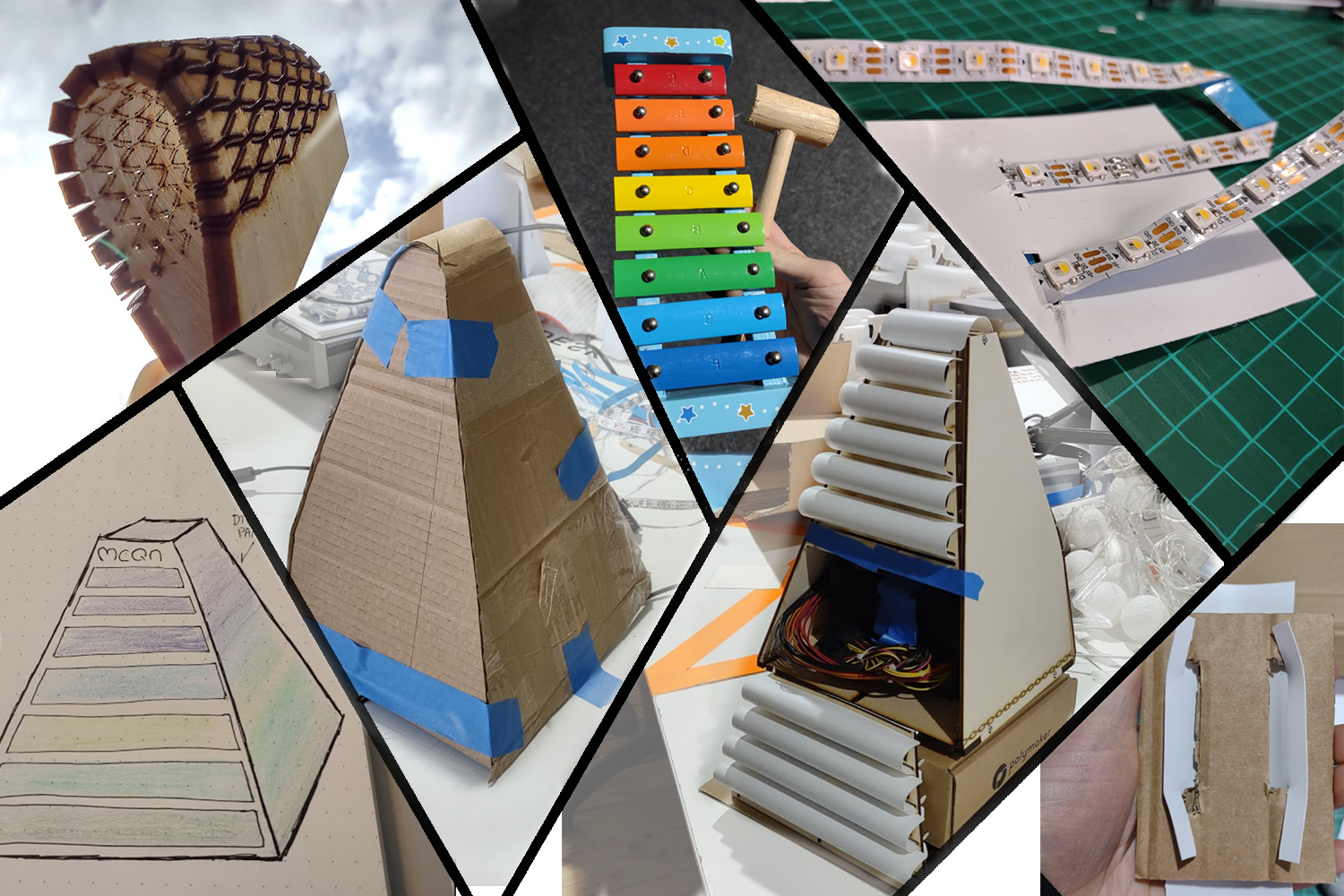Collage of the development of the totaliser, including a sketch of a colourful pyramid, some tightly bent laser cut plywood, a child's xylophone, a small section of folded-up LED strip, a cardboard mockup, and a plywood prototype.