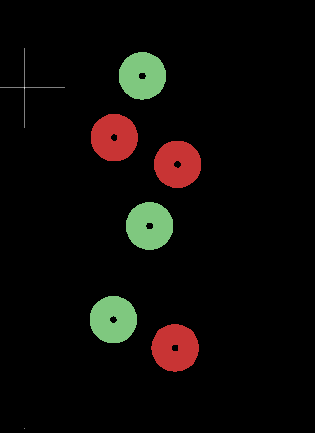 A black background with three green and three red circles on it. It looks like a Christmas card design from the 1980s that time has quite correctly forgotten. It's actually the subtle changes needed to the positions of thre 0.6 mm varicaps on the Museum in a Box NFC reader. We're starting the process of making the next batch.
