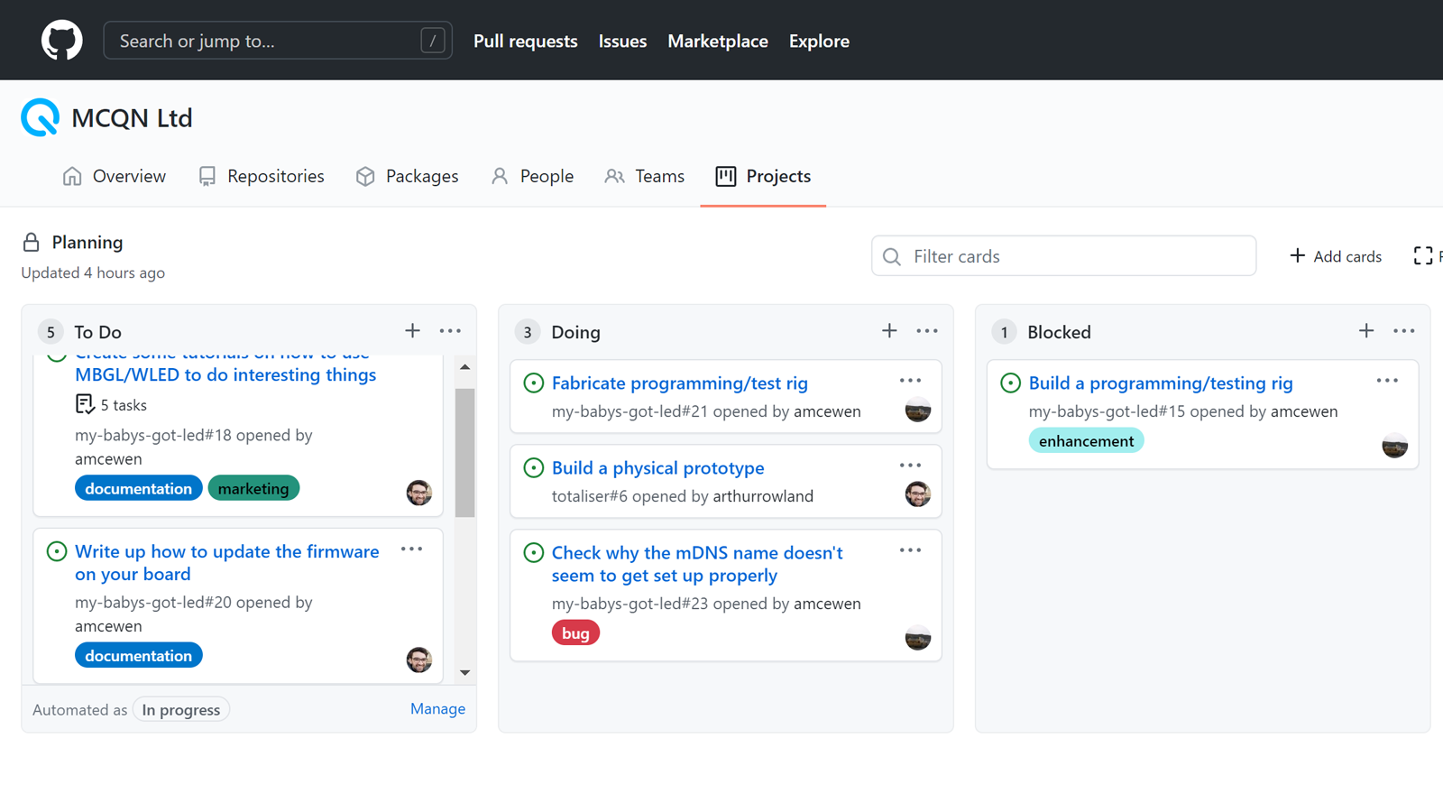 Our kanban board in github, with to-do, doing, and blocked buckets filled with a couple of issues each