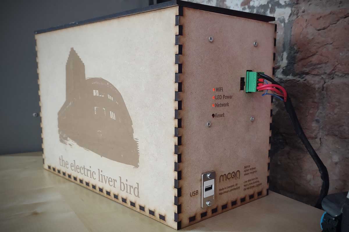 A wide angle close up of the MDF electric liver bird box, with an engraving of the Echo building on one of the front face above the words 'the electric liver bird' and some status lights and a USB port on the narrow side.