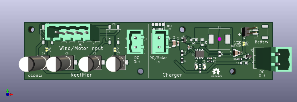 A rendering of a letterbox-shaped circuit board.  It's split into two halves: one marked 'Rectifier' and the other 'Charger'